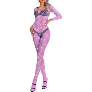 🆕Women Pink Classic Fishnet Body Stocking Lingerie Sparkle Stockings One Piece